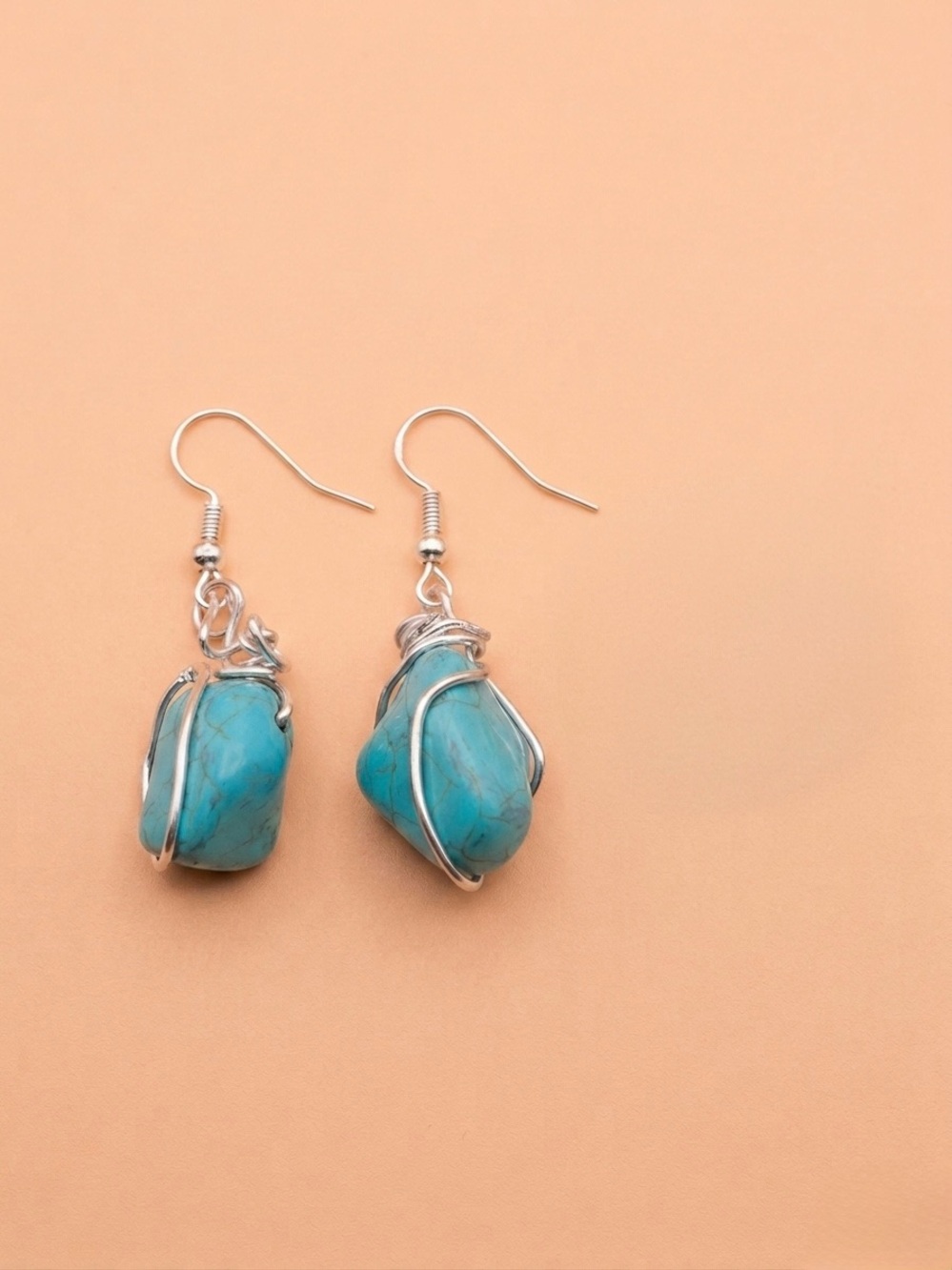 Handmade Turquoise Gemstone Wire-Wrap Dangle Earrings - Blue